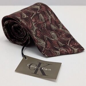 Calvin Klein Mens 100% Silk Tie Abstract Leaf Print Burgundy Tan USA 57.5x4 NWT